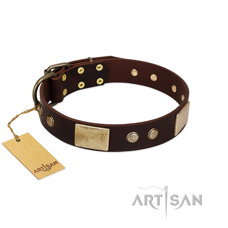 "Middle Age" FDT Artisan Brown Leather Bulldog Collar with Old Bronze-Plated Engraved Flowers and Large Plates