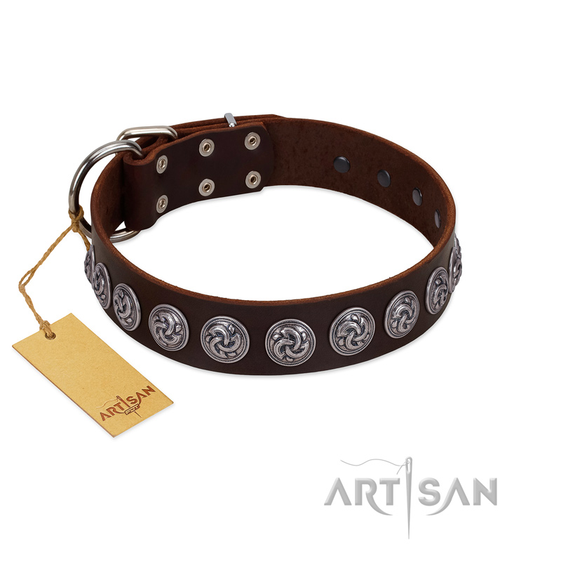 "Charming Circles" FDT Artisan Brown Leather Bulldog Collar with Silver-like Studs