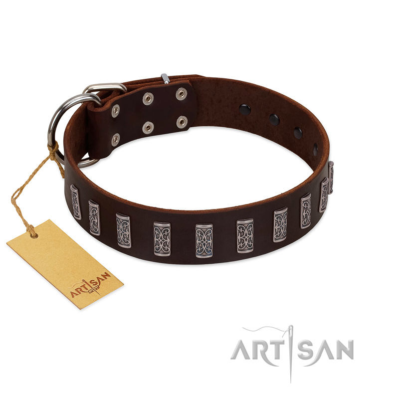 "Brown Lace" Handmade FDT Artisan Brown Leather Bulldog Collar for Everyday Walks