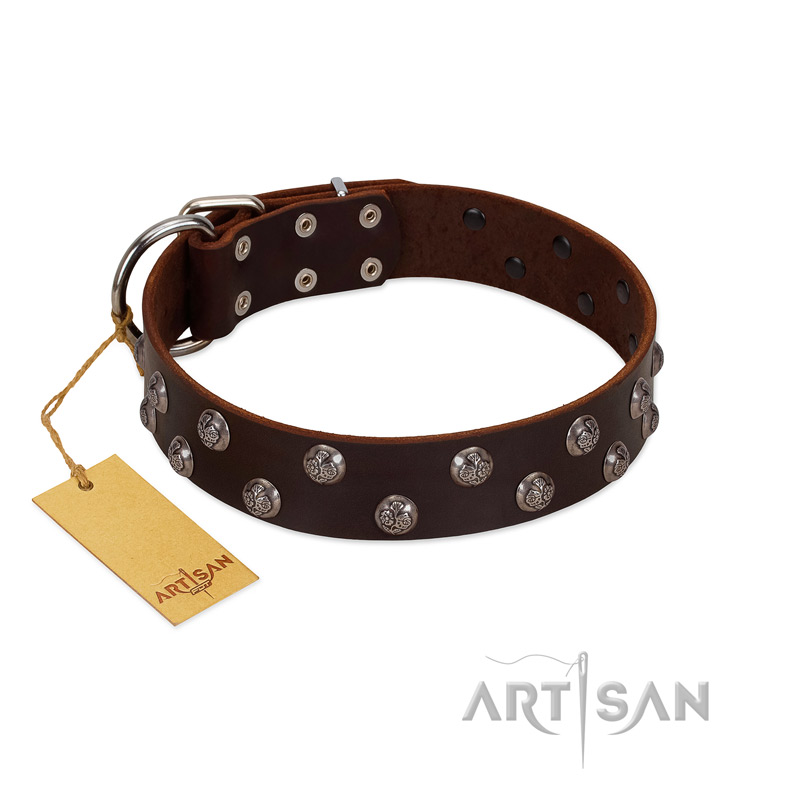 "Blossom Jewel" FDT Artisan Brown Leather Bulldog Collar with Two Rows of Silver-like Studs with Engraved Flowers