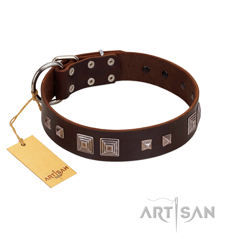 "Object of Virtu" FDT Artisan Brown Leather Bulldog Collar with Old Silver-like Square Studs and Pyramids - Click Image to Close