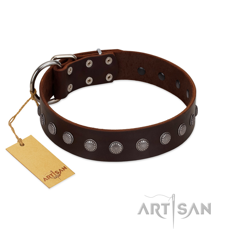 "Spring Flower" Stylish FDT Artisan Brown Leather Bulldog Collar for Comfy Walks