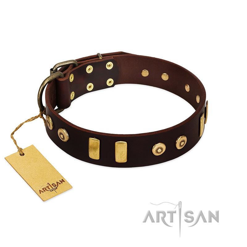"Lord of Dogs" FDT Artisan Brown Leather Bulldog Collar with Old Bronze-like Dotted Studs and Tiles