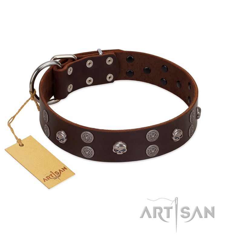 "Skull Valley" Handcrafted FDT Artisan Brown Leather Bulldog Collar with Skulls