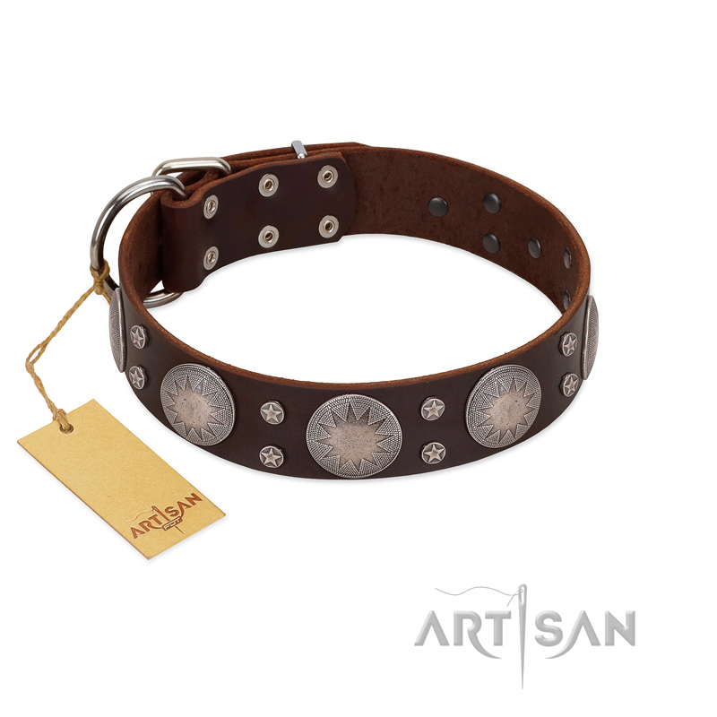 "Imperial Legate" FDT Artisan Brown Leather Bulldog Collar with Big Round Plates