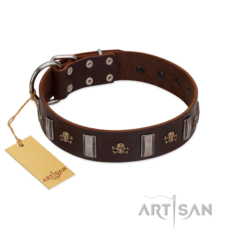 "War Chief" FDT Artisan Genuine Brown Leather Bulldog Collar with Skulls and Plates