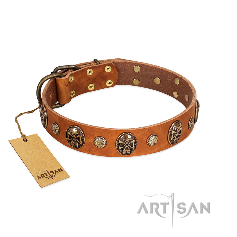 "Call of Feat" FDT Artisan Tan Leather Bulldog Collar with Old Bronze-like Studs and Oval Brooches