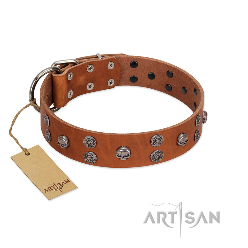 "Road Rider" FDT Artisan Tan Leather Bulldog Collar with Old Silver-like Skulls and Medallions