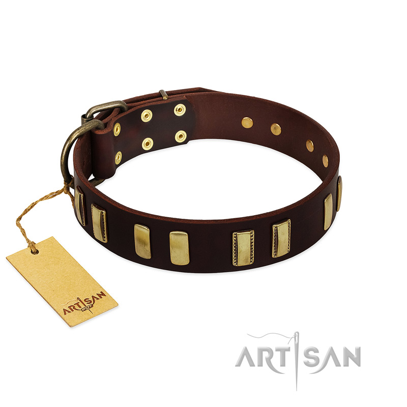 "Peace and Harmony" FDT Artisan Brown Leather Bulldog Collar with Plates