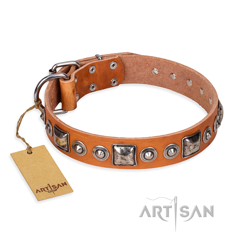 "Era of Future" FDT Artisan Handcrafted Tan Leather Bulldog Collar with Decorations