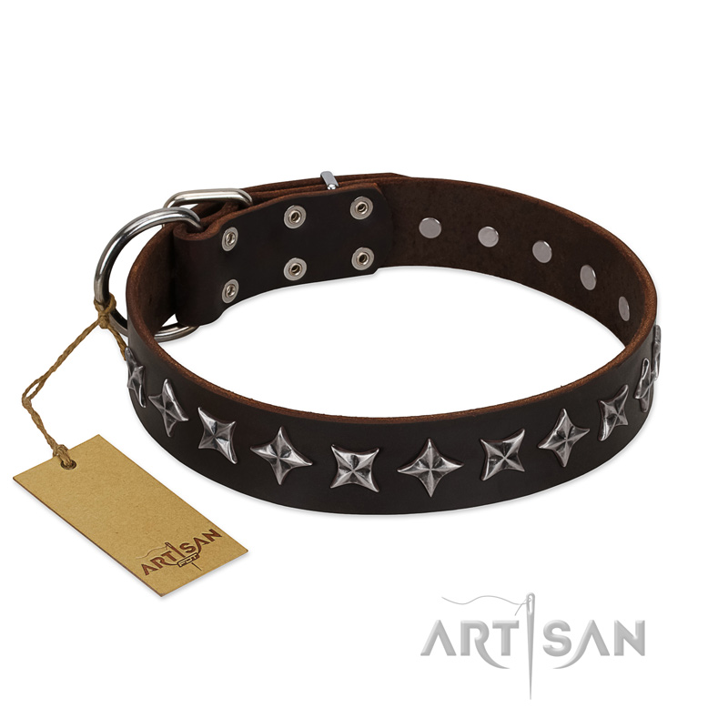 "Stars of Glory" FDT Artisan Brown Leather Bulldog Collar for Comfortable Walking