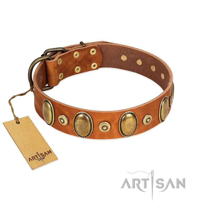 "Crystal Sand" FDT Artisan Tan Leather Bulldog Collar with Vintage Looking Oval and Round Studs