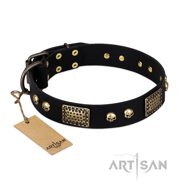 "Biker Style" FDT Artisan Black Leather Bulldog Collar with Old Bronze Look Plates and Skulls