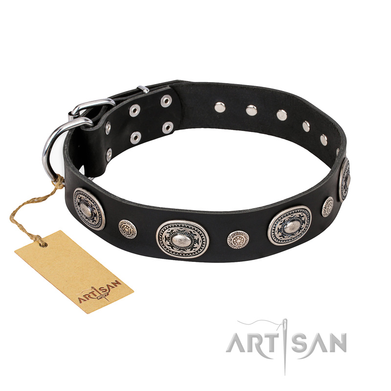 "Black Tie" FDT Artisan Leather Bulldog Collar with Old Silver-like Decorations