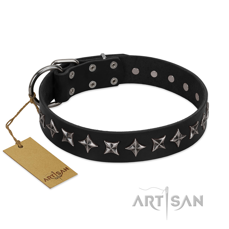 "Lights-out" FDT Artisan Black Leather Bulldog Collar with Silver-like Set of Stars - Click Image to Close