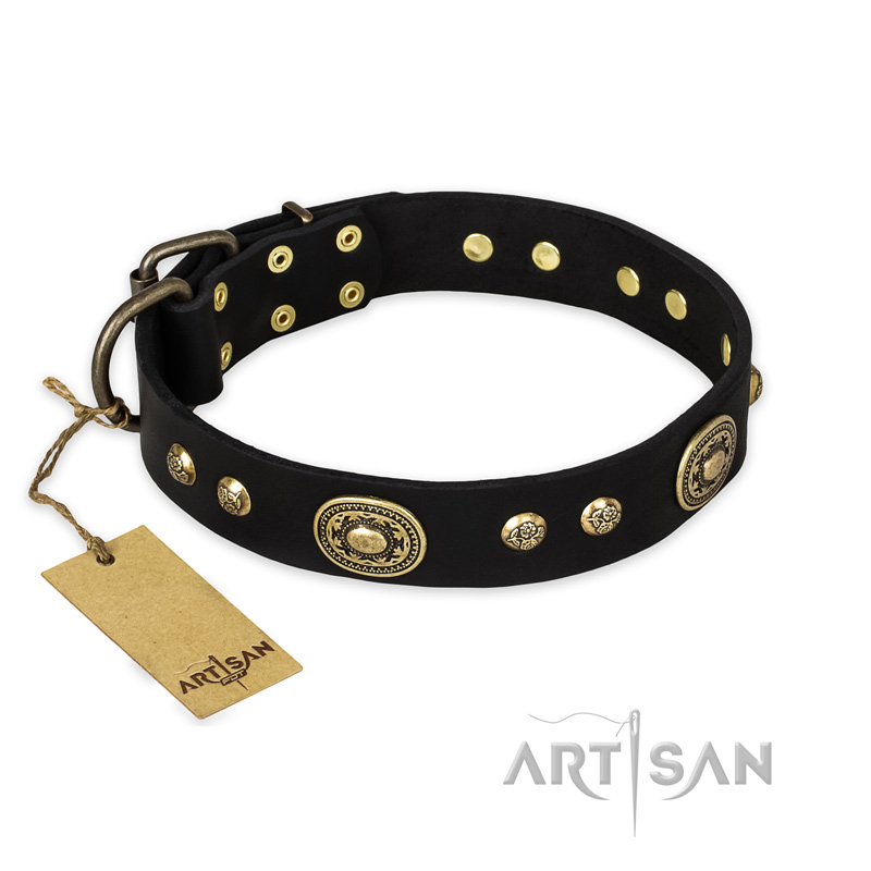 "High Fashion" FDT Artisan Studded with Plates Black Leather Bulldog Collar