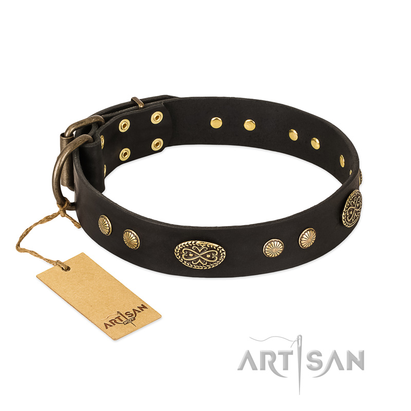 "Perfect Tracery" FDT Artisan Black Leather Bulldog Collar with Old Bronze Look Plates and Circles - Click Image to Close