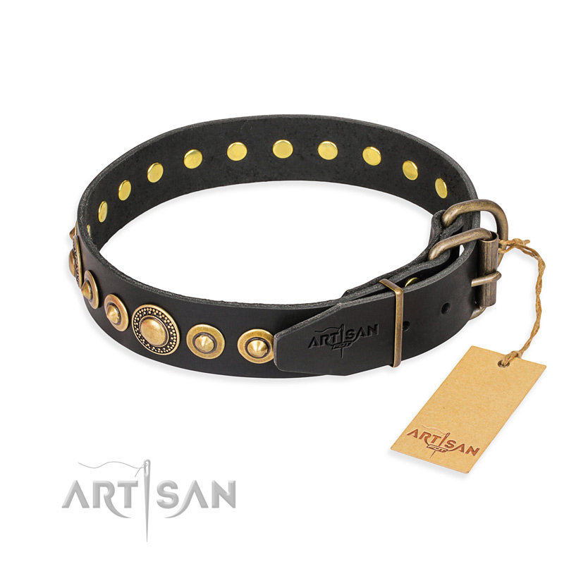 "Gold Mine" FDT Artisan Black Leather Bulldog Collar with Amazing Bronze-Plated Round Studs