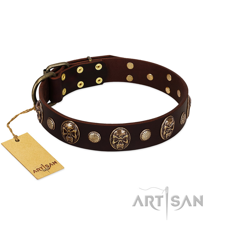 "Snazzy Paws" FDT Artisan Brown Leather Bulldog Collar Adorned with Conchos and Medallions