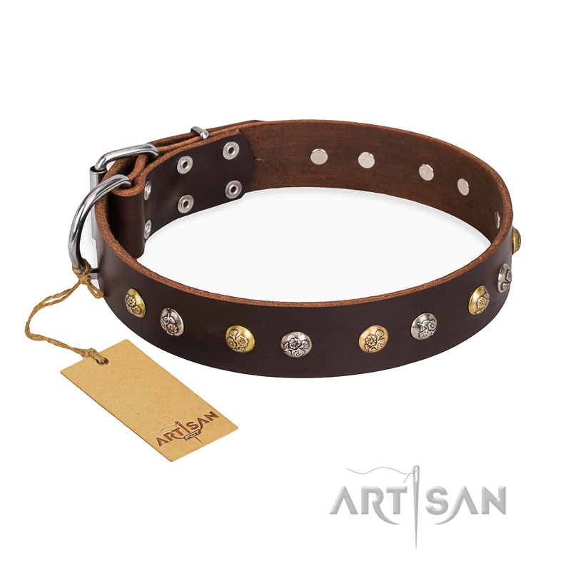 "Rare Flower" FDT Artisan Brown Leather Bulldog Collar Adorned with Old-look Hemisphere Studs - Click Image to Close