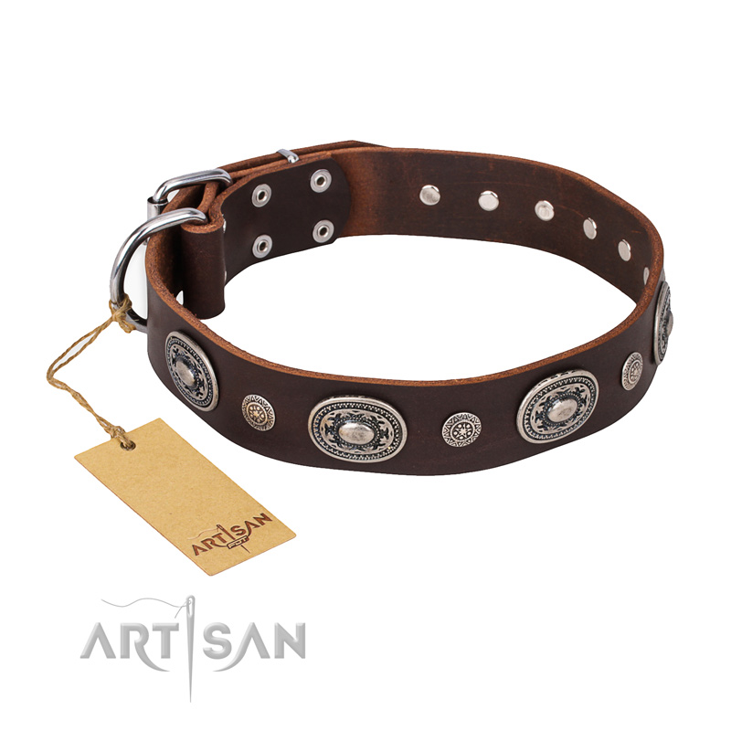 "Extra Pizzazz" FDT Artisan Adorned Brown Leather Bulldog Collar