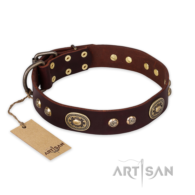 "Breath of Elegance" FDT Artisan Decorated with Plates Brown Leather Bulldog Collar - Click Image to Close