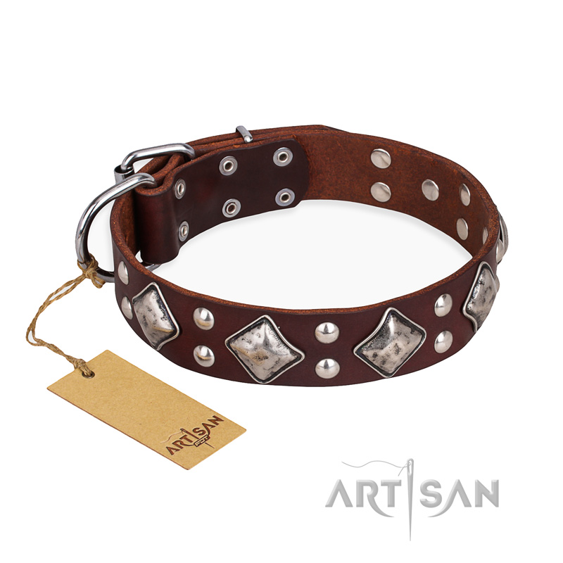 "King of Grace" FDT Artisan Stylish Leather Bulldog Collar with Old Silver-Like Plated Decorations - Click Image to Close