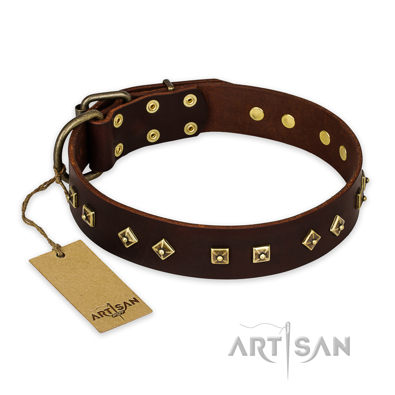 "Fashion Studs" FDT Artisan Decorated Leather Bulldog Collar with Old Bronze-Plated Steel Hardware - Click Image to Close