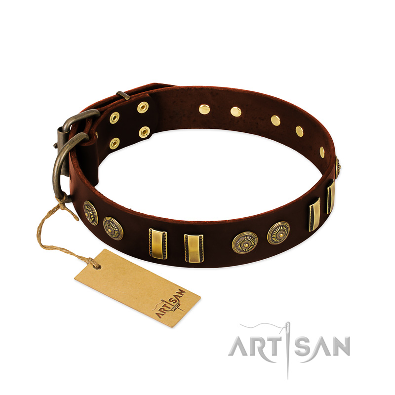 "Golden Elegance" FDT Artisan Brown Leather Bulldog Collar with Old Bronze-like Decorations