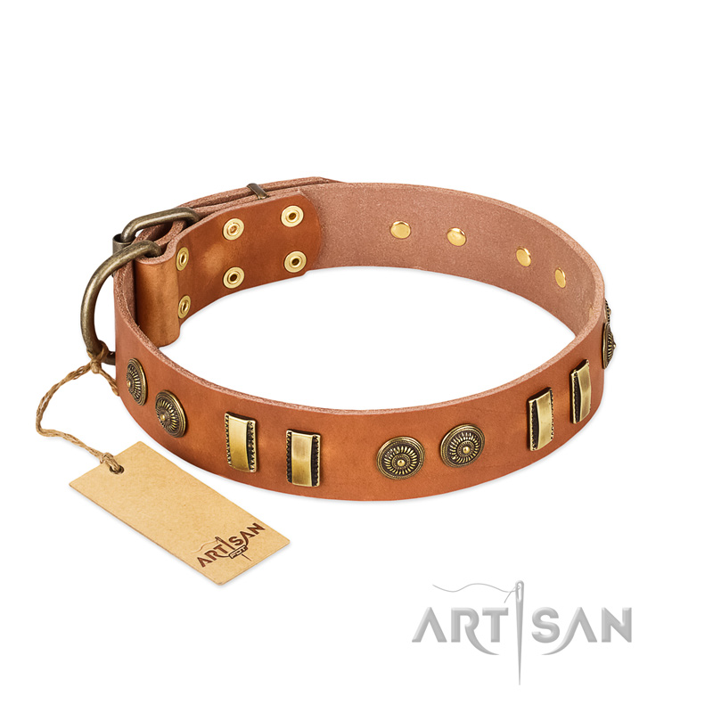 "Natural Beauty" FDT Artisan Tan Leather Bulldog Collar with Old Bronze-like Circles and Plates - Click Image to Close