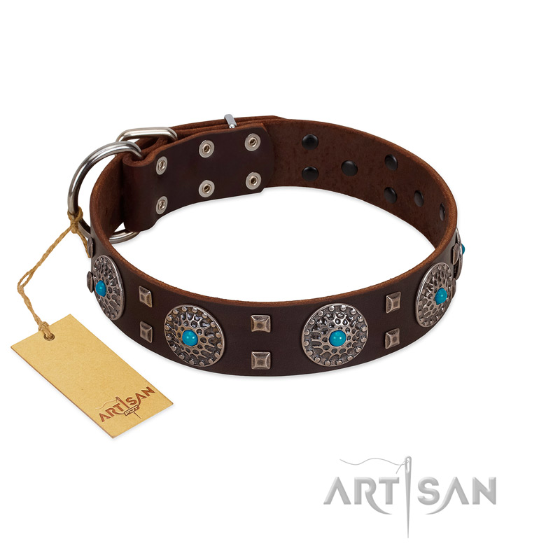 "Hypnotic Stones" FDT Artisan Brown Leather Bulldog Collar with Chrome Plated Brooches and Square Studs
