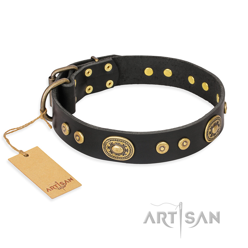"Golden Radiance" FDT Artisan Black Leather Bulldog Collar with Old Bronze Look Ovals and Circles