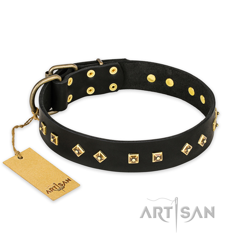 "Rhomb Style" FDT Artisan Decorated Leather Bulldog Collar with Old Bronze-Plated Studs 1 1/2 inch (40 mm) Wide - Click Image to Close
