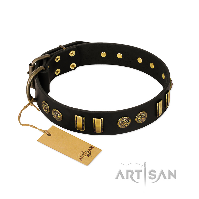 "Simple Elegance" FDT Artisan Black Leather Bulldog Collar with Old Bronze-like Plates and Circles