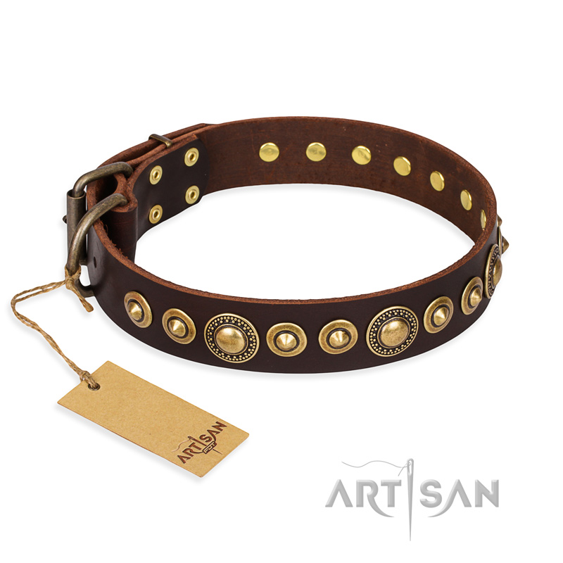 "Ancient Warrior" FDT Artisan Fancy Leather Bulldog Collar with Old-Bronze Plated Decorations