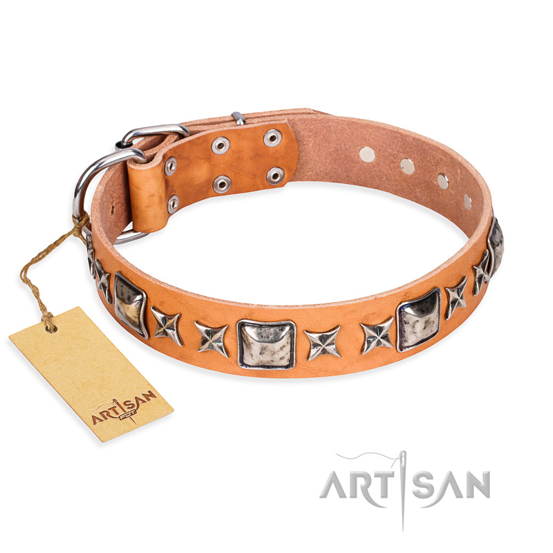 "Glamour Finery" FDT Artisan Female Bulldog collar of natural leather with stylish old-looking circles