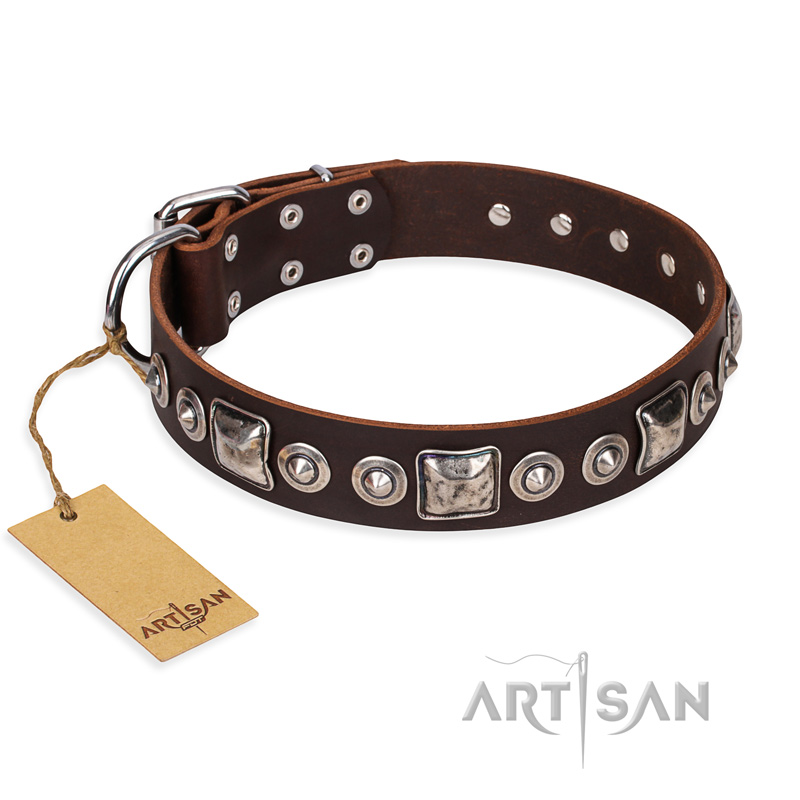 "Pierian spring" FDT Artisan Brown Leather Bulldog Collar with Silvery Decorations