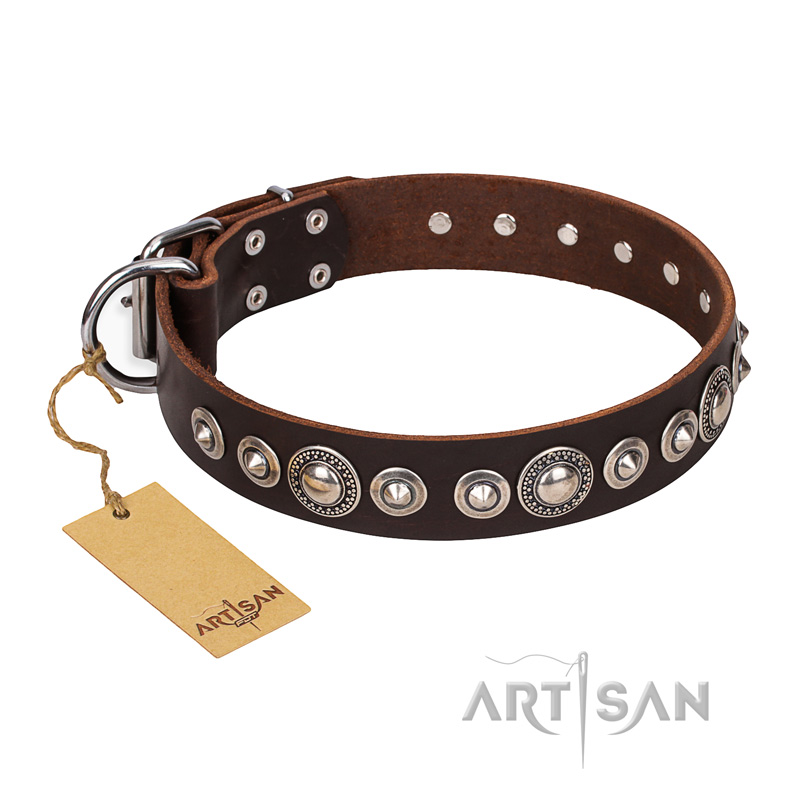 "Step and Sparkle" FDT Artisan Glamorous Studded Brown Leather Bulldog Collar