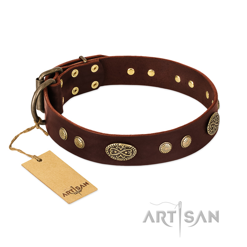 "Old-fashioned Glamor" FDT Artisan Brown Leather Bulldog Collar with Old Bronze Look Plates and Circles - Click Image to Close