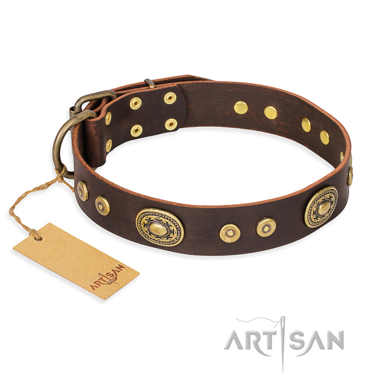 "One-of-a-Kind" FDT Artisan Handmade Decorated Brown Leather Bulldog Collar