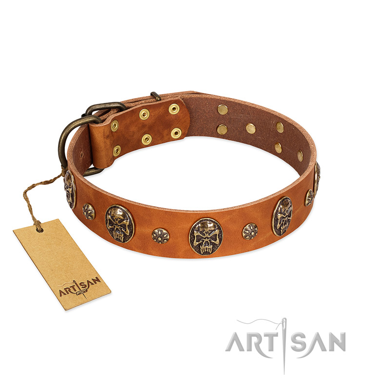 "Rockstar" FDT Artisan Tan Leather Bulldog Collar with Engraved Studs and Medallions