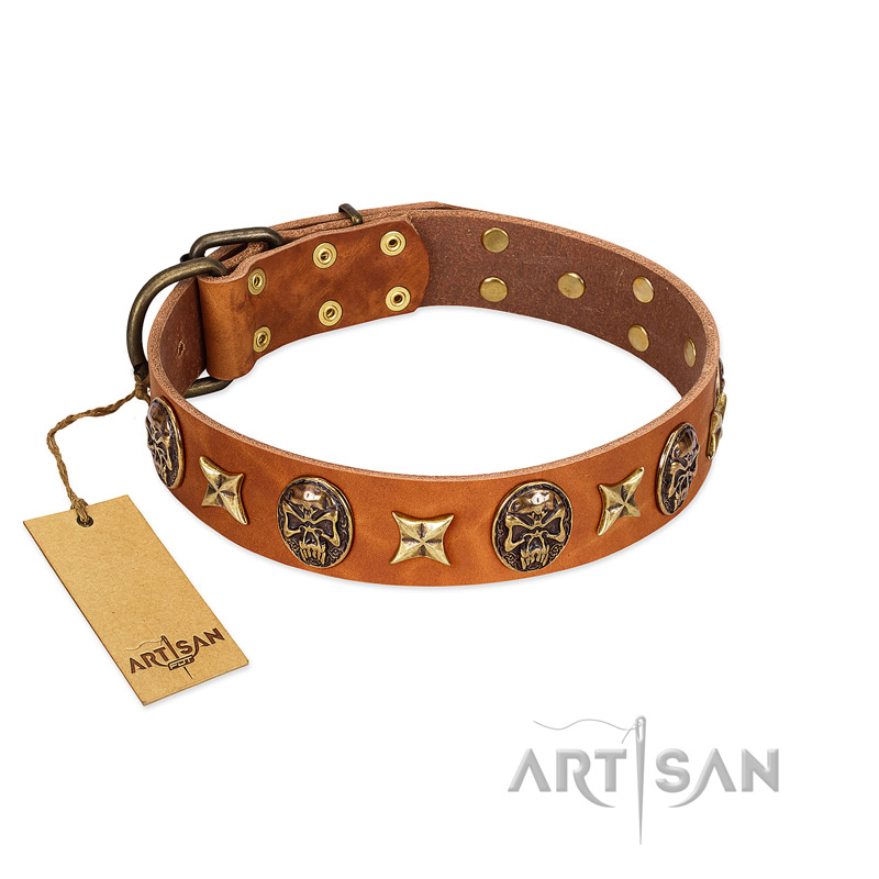 "Rockin' Doggie" FDT Artisan Tan Leather Bulldog Collar Adorned with Stars and Skulls