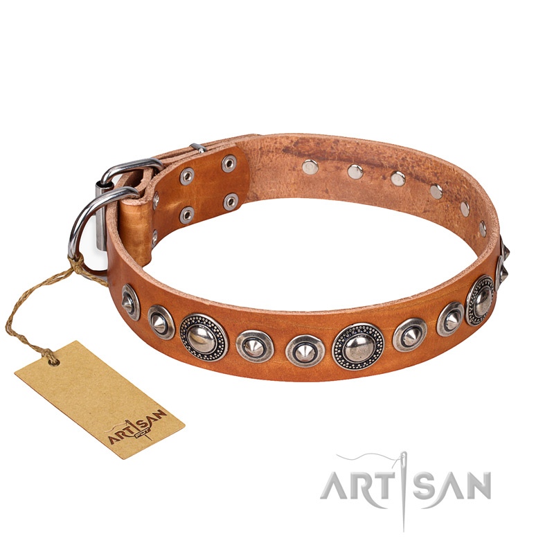 "Daily Chic" FDT Artisan Tan Leather Bulldog Collar with Decorations - Click Image to Close