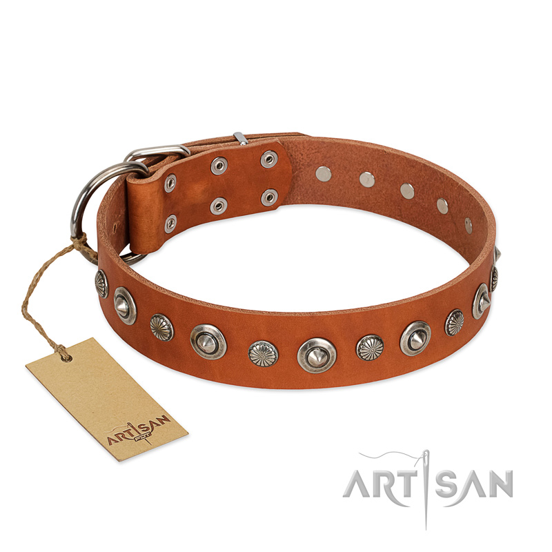 "Gorgeous Roundie" FDT Artisan Tan Leather Bulldog Collar with Chrome-plated Circles