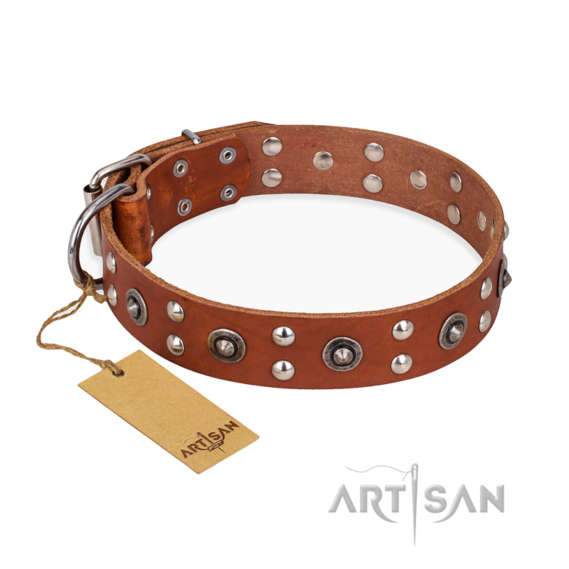 "Silver Elegance" FDT Artisan Decorated Leather Bulldog Collar with Old Silver-Like Plated Studs and Cones