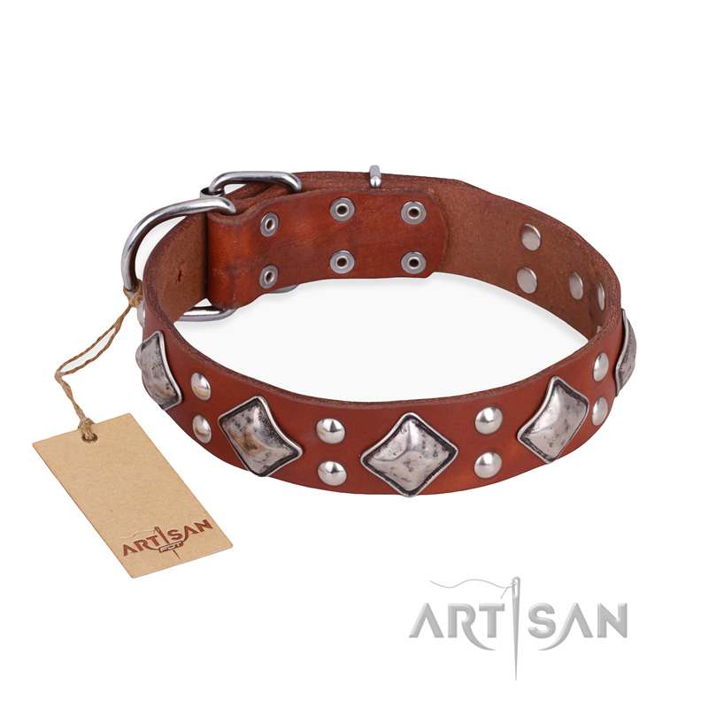 "Magic Squares" FDT Artisan Tan Leather Bulldog Collar with Silver-like Decor - Click Image to Close