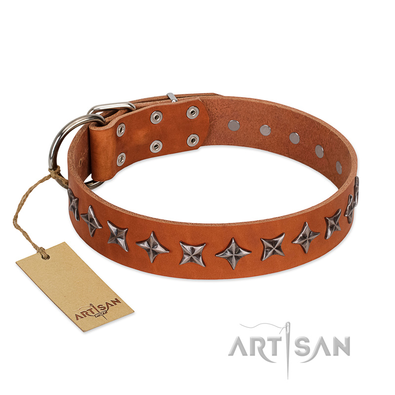 "Star Trek" FDT Artisan Tan Leather Bulldog Collar Decorated with Stars