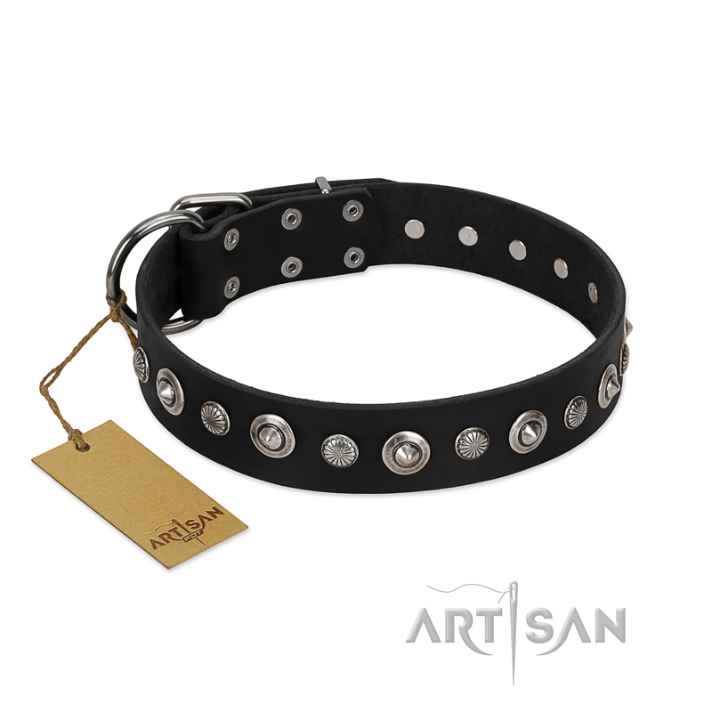 "Genteel Charm" FDT Artisan Black Leather Bulldog Collar with Silver-like Round Conchos