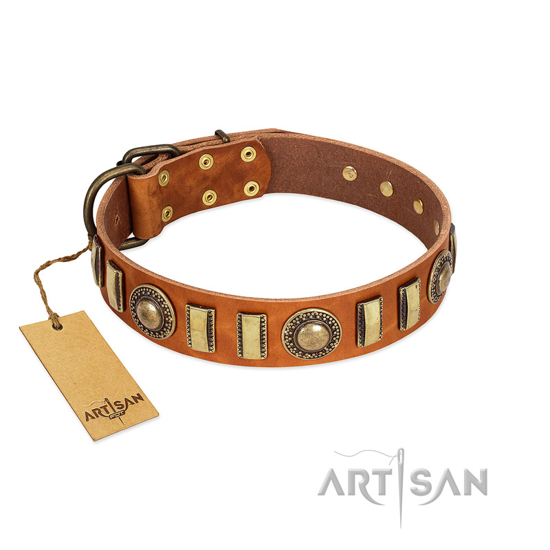 "Happy Hound" FDT Artisan Tan Leather Bulldog Collar with Elegant Decorations - Click Image to Close