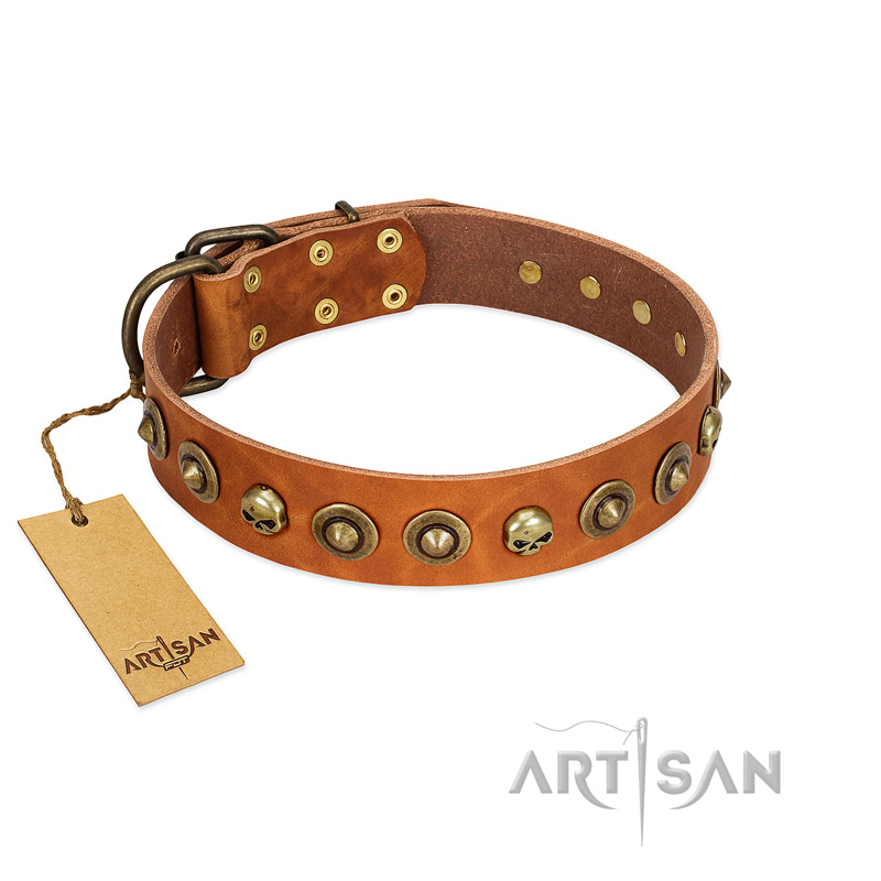 "Prez of the Pack" FDT Artisan Tan Leather Bulldog Collar with Skulls and Brooches - Click Image to Close